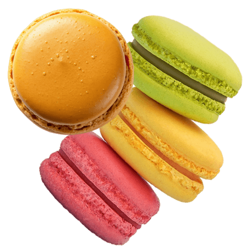 Macarons: Petit gâteau rond à base de poudre d'amandes, de sucre glace, de sucre et de blancs d'œufs.